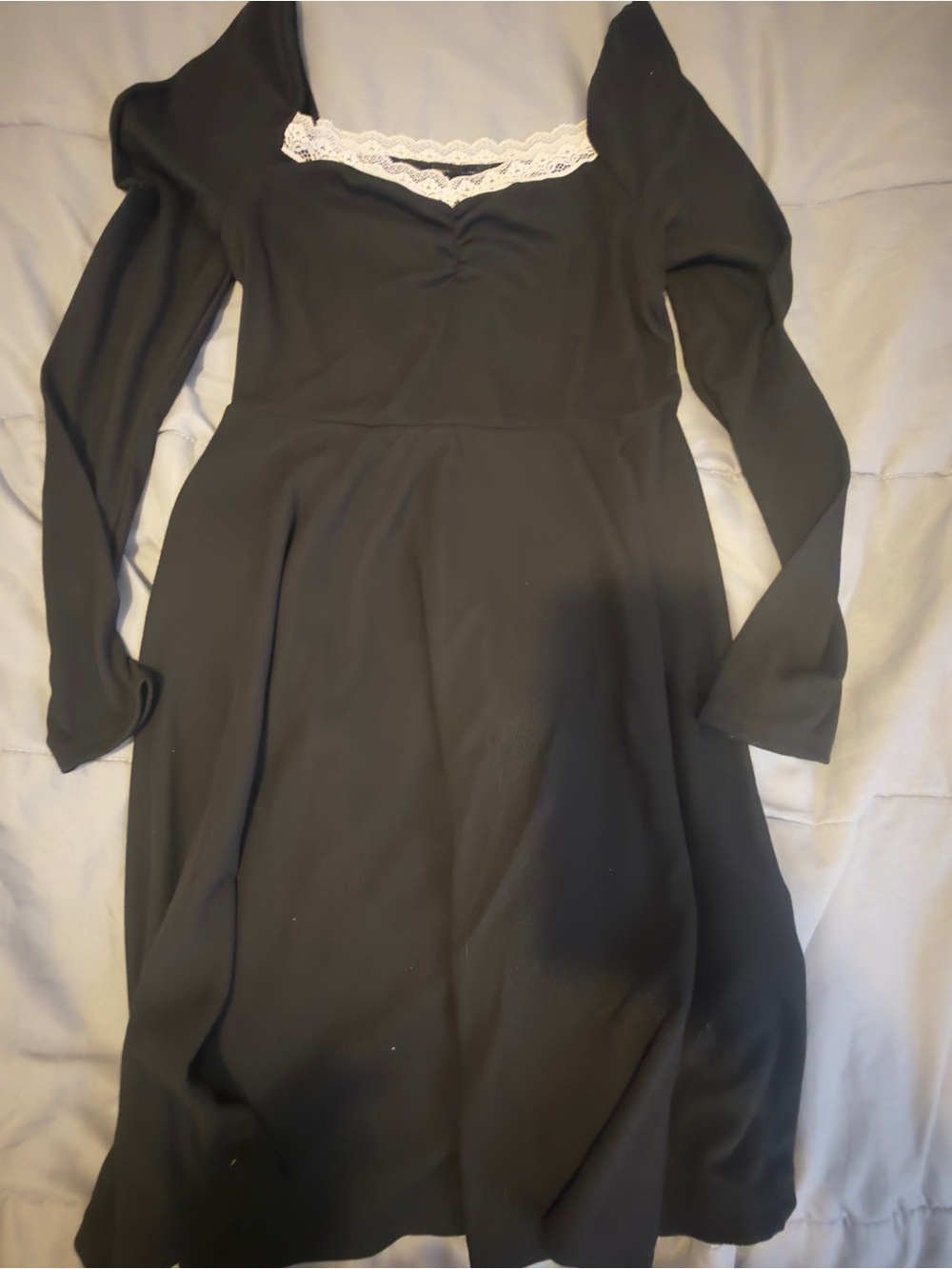 SHEIN Black Long-Sleeve Fit & Flare Dress with White Lace Trim